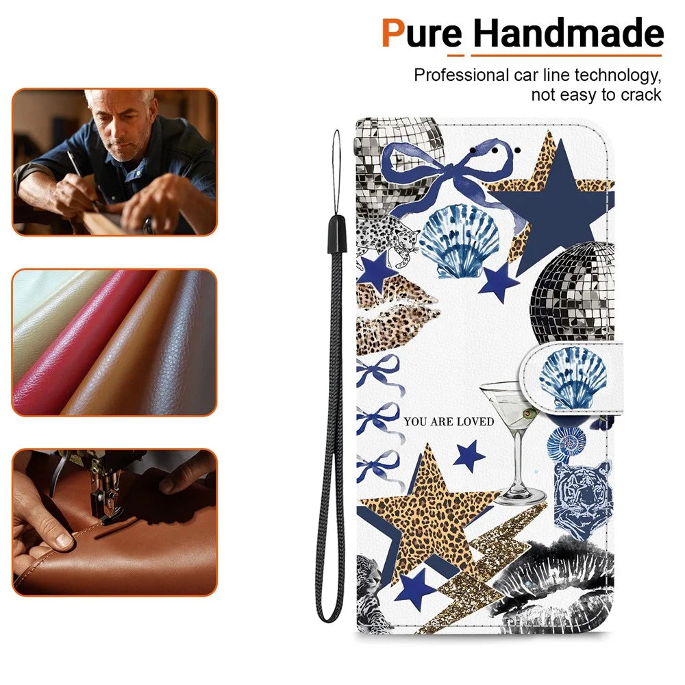 For Samsung Galaxy A57 5G Case Pattern Printing PU Leather Wallet Flip Stand Phone Cover with Wrist Strap - Leopard-Print Star Bow - 6