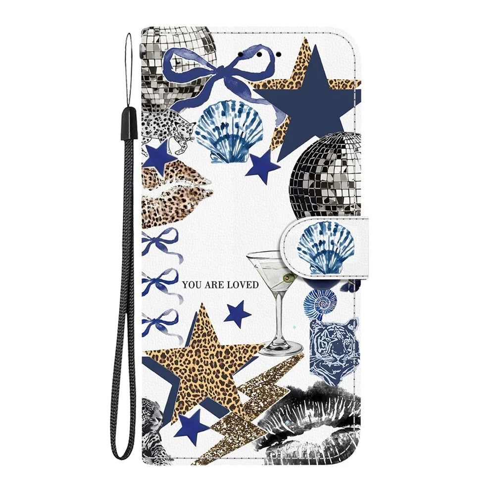For Samsung Galaxy A57 5G Case Pattern Printing PU Leather Wallet Flip Stand Phone Cover with Wrist Strap - Leopard-Print Star Bow - 7