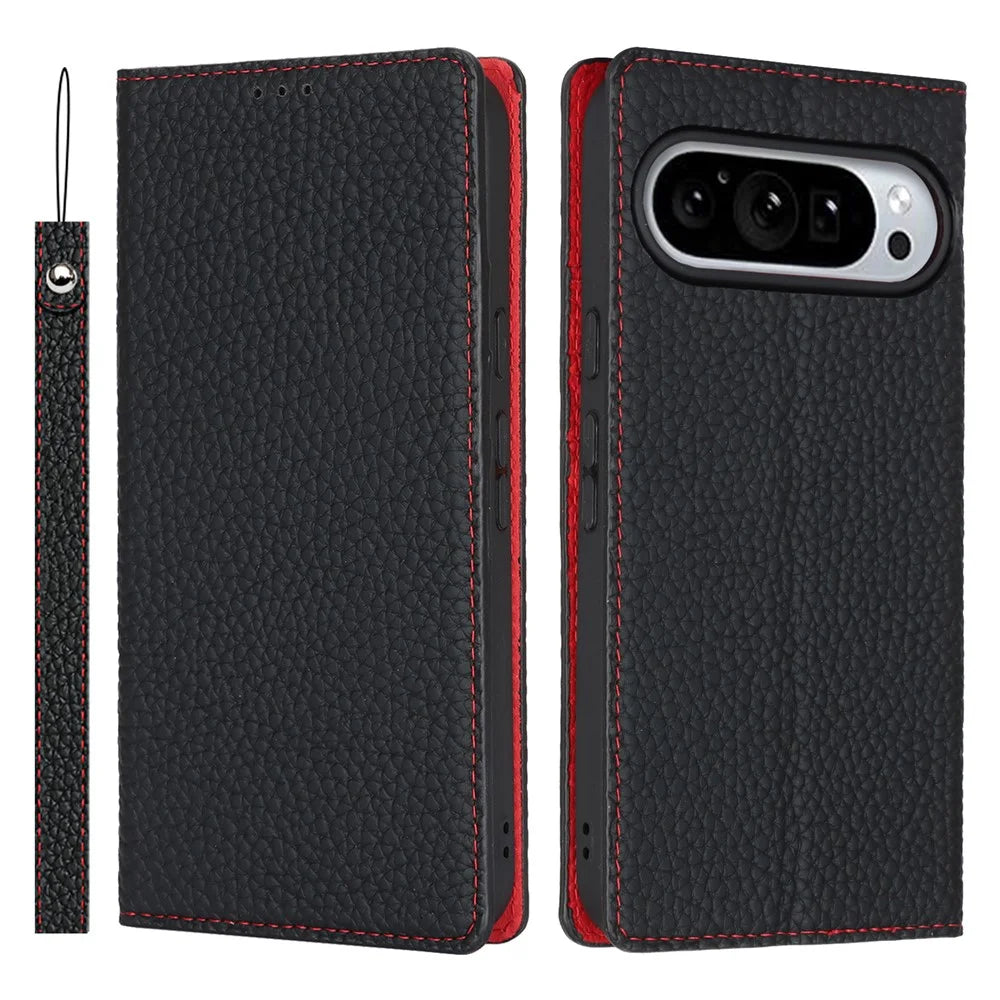 For Google Pixel 11 Pro XL Wallet Case Genuine Cow Leather Phone Cover Litchi Texture - Black - 1