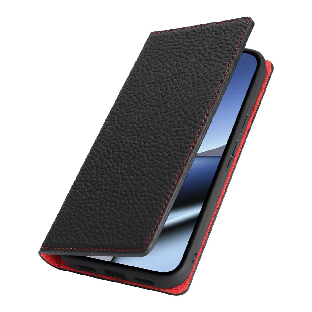 For Google Pixel 11 Pro XL Wallet Case Genuine Cow Leather Phone Cover Litchi Texture - Black - 6