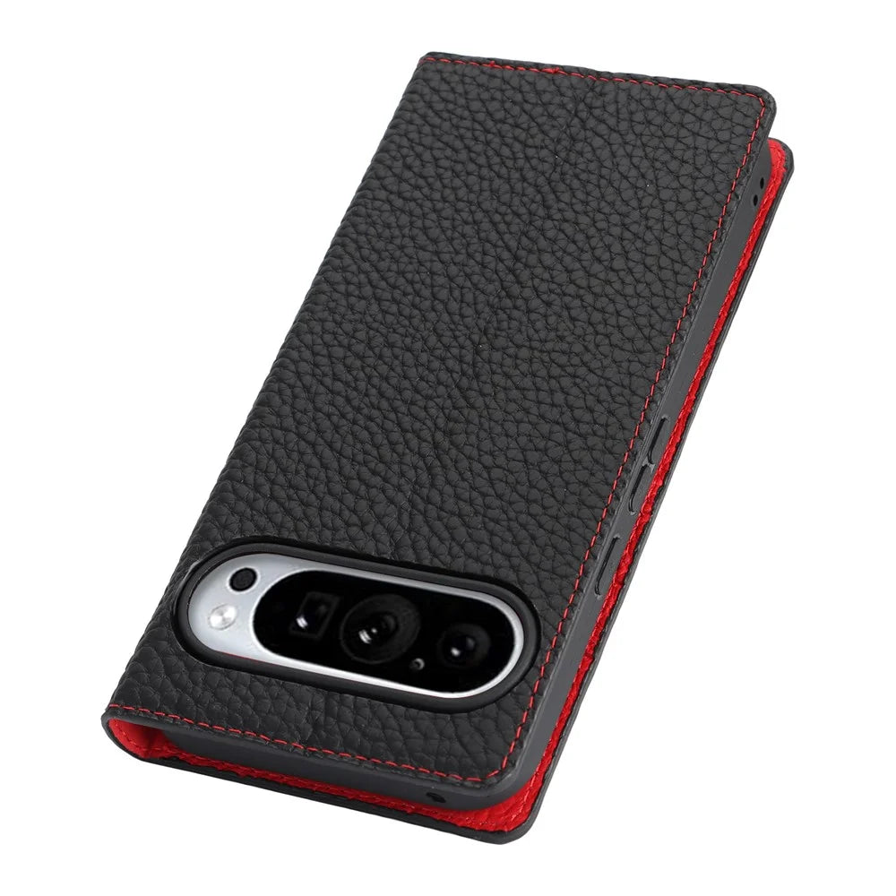 For Google Pixel 11 Pro XL Wallet Case Genuine Cow Leather Phone Cover Litchi Texture - Black - 7