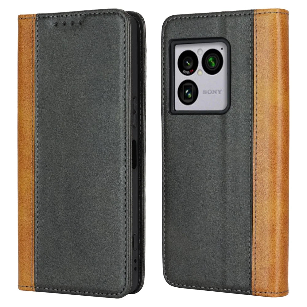 For Sony Xperia 1 VIII Case Calf Texture 3 Card Slots Color Splicing Leather Phone Cover - Black+Yellow - 1