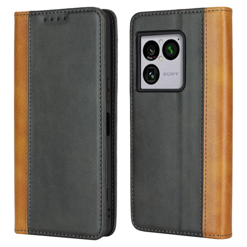 For Sony Xperia 1 VIII Case Calf Texture 3 Card Slots Color Splicing Leather Phone Cover - Black+Yellow - 1