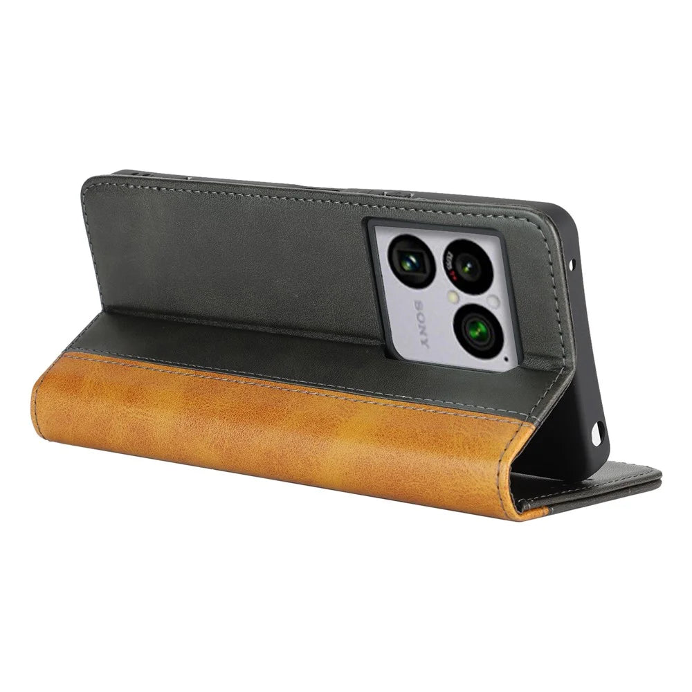 For Sony Xperia 1 VIII Case Calf Texture 3 Card Slots Color Splicing Leather Phone Cover - Black+Yellow - 4