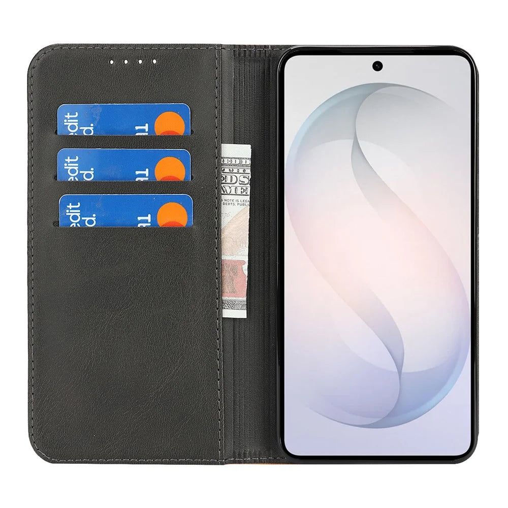 For Samsung Galaxy A57 5G Case Calf Texture 3 Card Slots Color Splicing Leather Phone Cover - Black+Yellow - 2