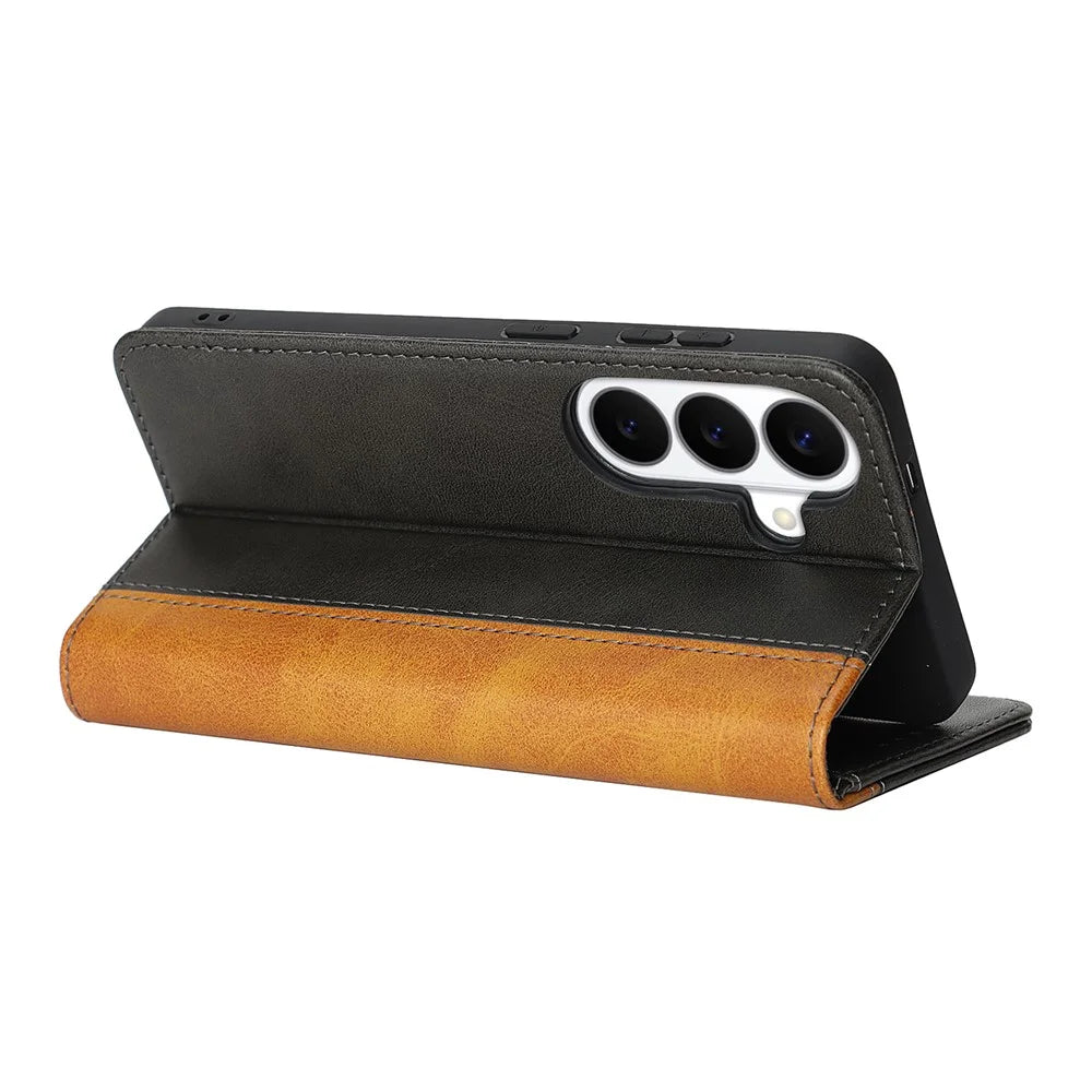 For Samsung Galaxy A57 5G Case Calf Texture 3 Card Slots Color Splicing Leather Phone Cover - Black+Yellow - 4