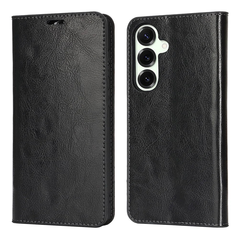For Samsung Galaxy S26 FE Case Crazy Horse Texture Split Leather Wallet Phone Cover - Black - 1