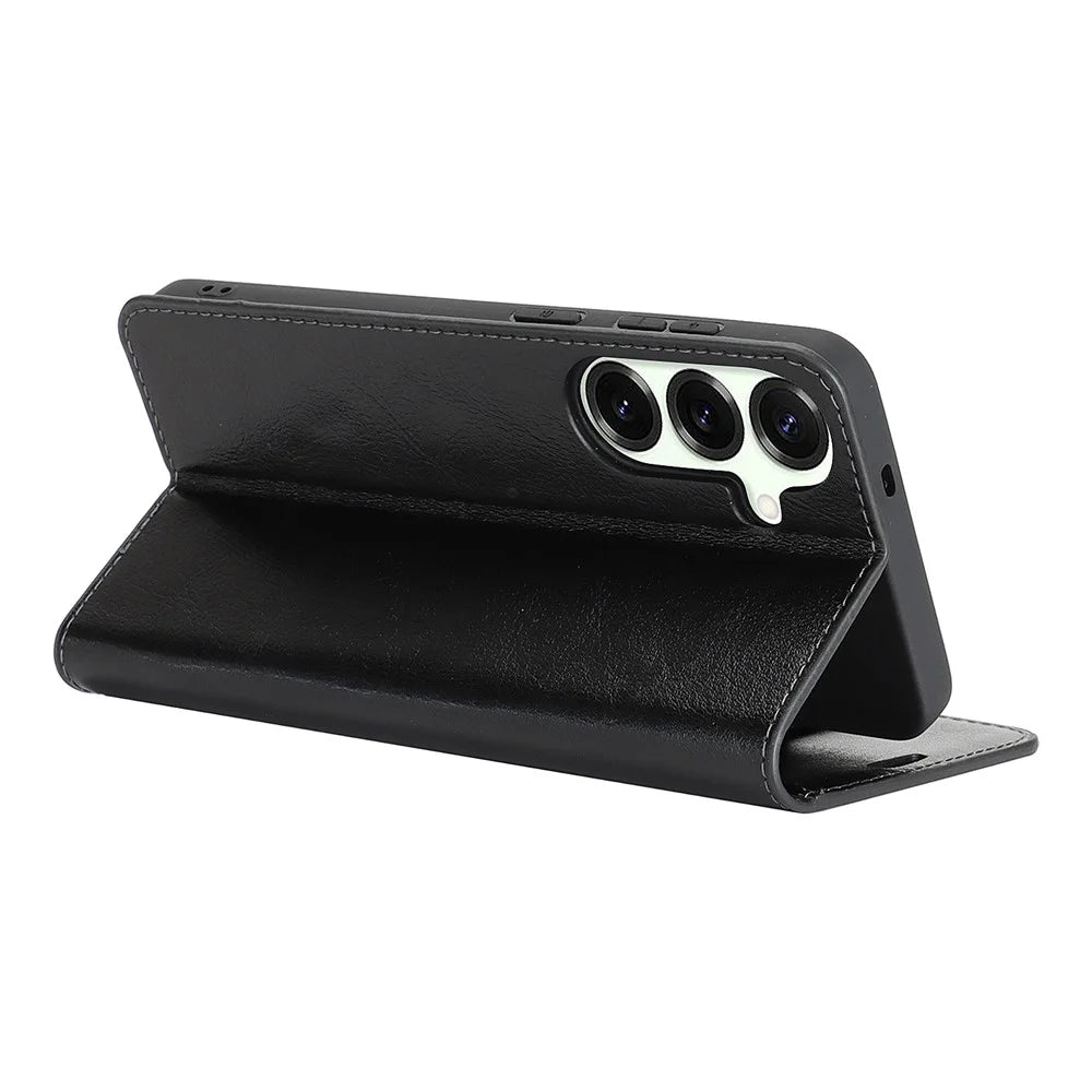 For Samsung Galaxy S26 FE Case Crazy Horse Texture Split Leather Wallet Phone Cover - Black - 4