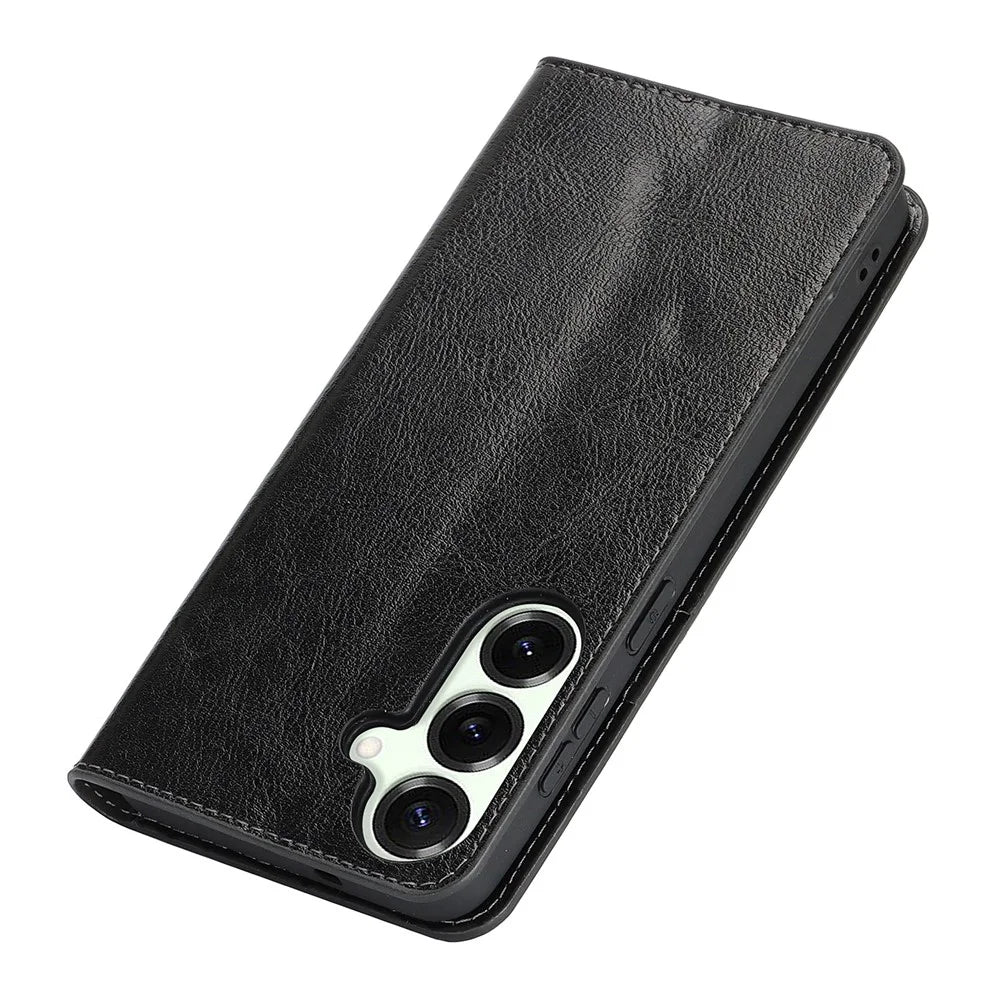 For Samsung Galaxy S26 FE Case Crazy Horse Texture Split Leather Wallet Phone Cover - Black - 6