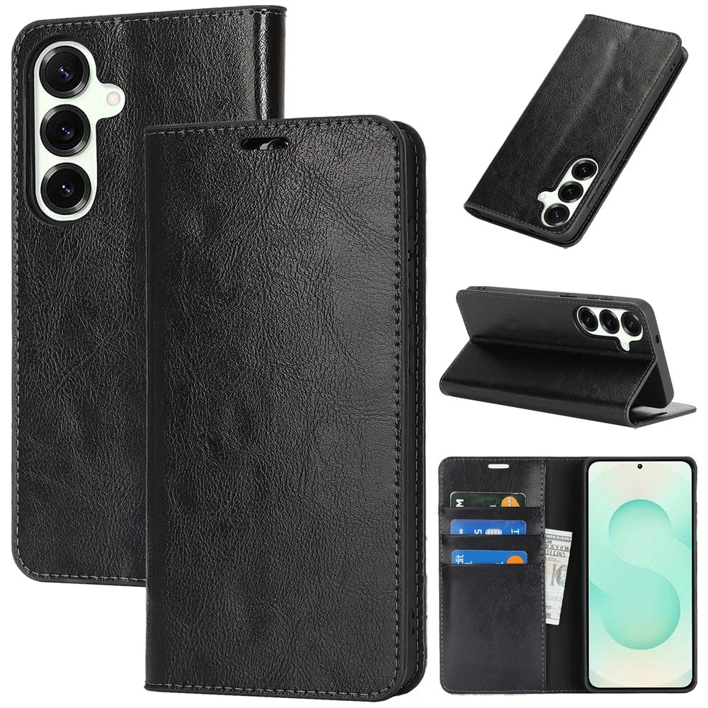 For Samsung Galaxy S26 FE Case Crazy Horse Texture Split Leather Wallet Phone Cover - Black - 7