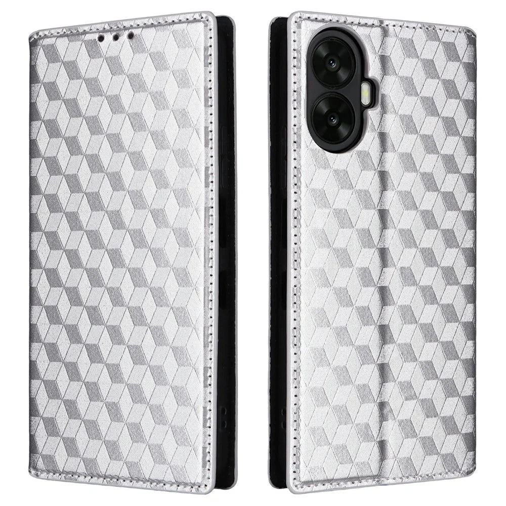 For TCL K70 Nxtpaper 5G Case Wallet Rhombus Imprinted PU Leather Phone Cover - Silver - 1