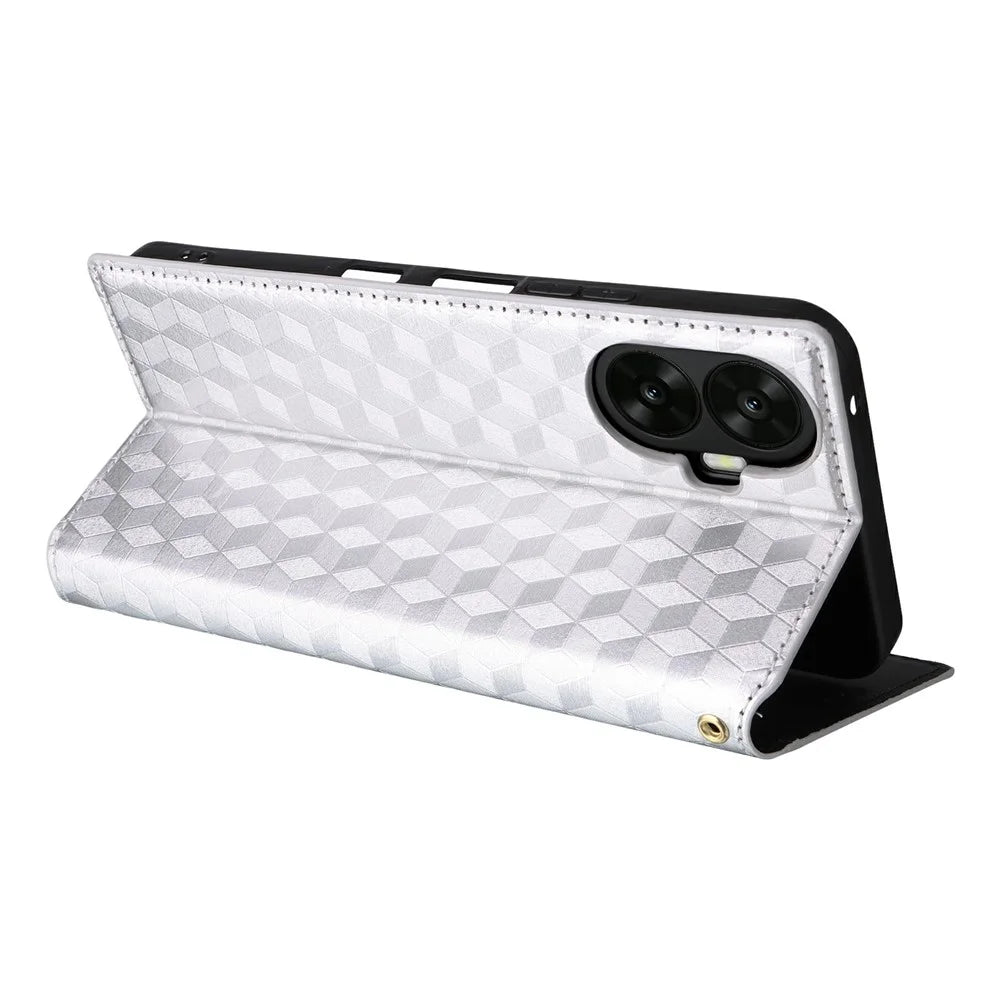 For TCL K70 Nxtpaper 5G Case Wallet Rhombus Imprinted PU Leather Phone Cover - Silver - 4