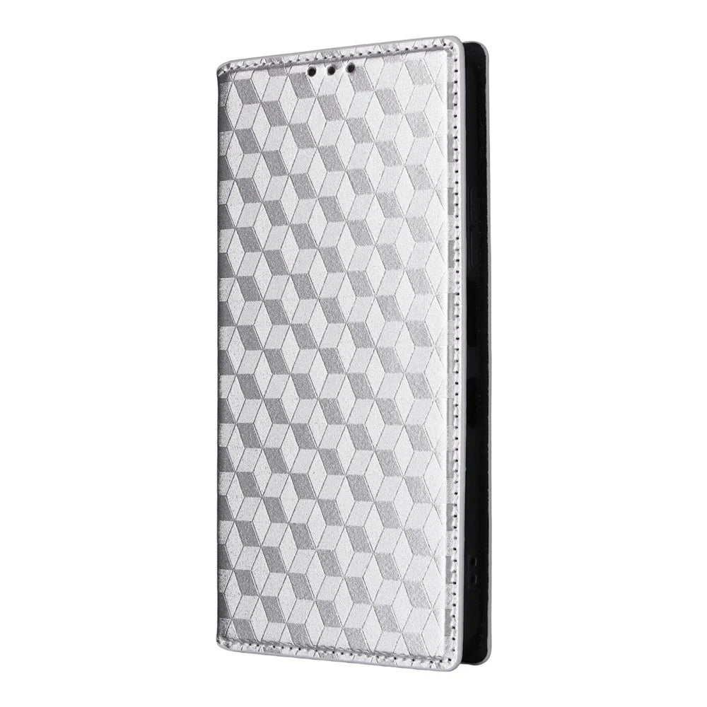 For TCL K70 Nxtpaper 5G Case Wallet Rhombus Imprinted PU Leather Phone Cover - Silver - 6