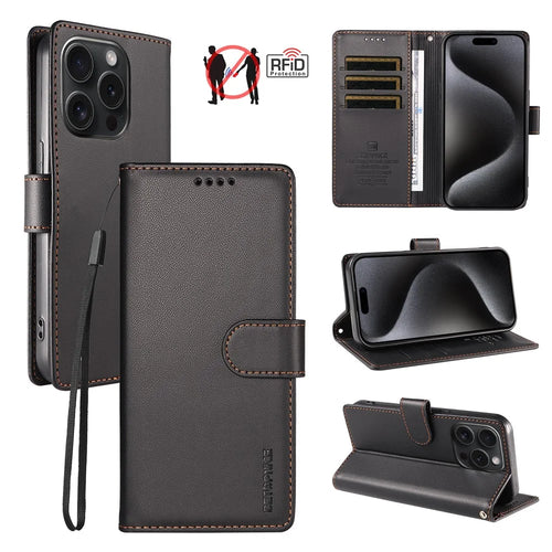 BETOPNICE 006 for iPhone 15 Pro Case RFID Blocking Wallet Stand Leather Phone Cover with Wrist Strap - Black - 1