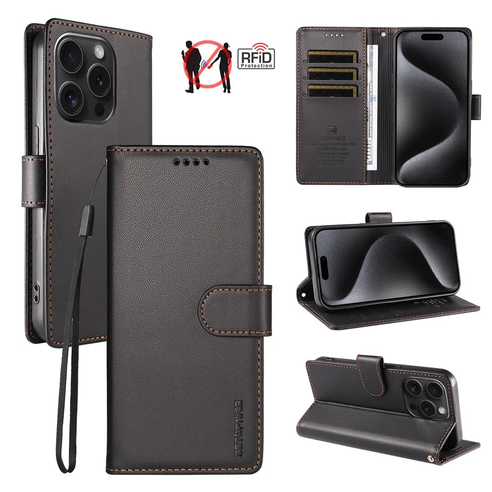 BETOPNICE 006 for iPhone 15 Pro Case RFID Blocking Wallet Stand Leather Phone Cover with Wrist Strap - Black - 1