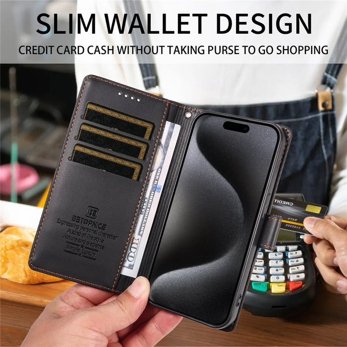 BETOPNICE 006 for iPhone 15 Pro Case RFID Blocking Wallet Stand Leather Phone Cover with Wrist Strap - Black - 6