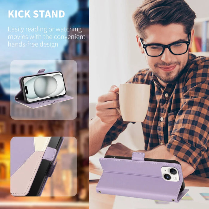 For iPhone 15 Plus Case Color Stitching RFID Blocking Wallet Flip Leather Phone Cover with Wrist Strap - Light Purple - 2
