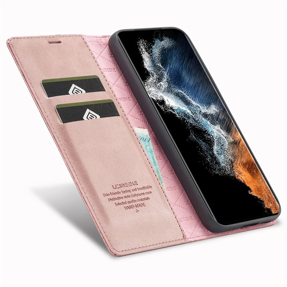 LC.IMEEKE For Samsung Galaxy S23+ Drop-proof PU Leather Folio Flip Case Wallet Stand Magnetic Auto-absorbed Cell Phone Cover - Pink - 2