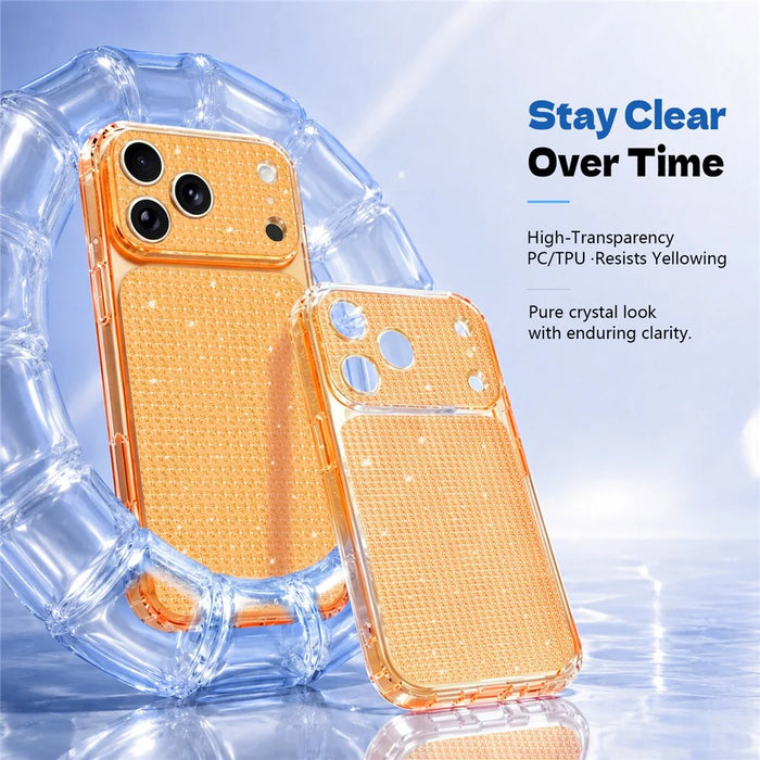 For iPhone 17 Pro Max TPU Case Diamond Texture Glitter Shockproof Phone Cover with Airbag Corner - Orange - 4