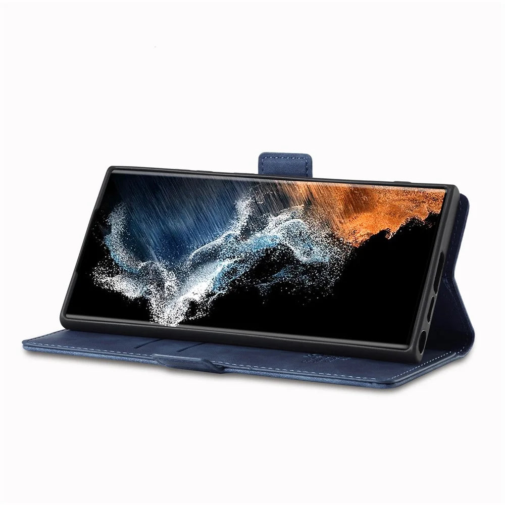 LC.IMEEKE For Samsung Galaxy S23 Ultra PU Leather Protective Phone Case Wallet Stand Magnetic Auto-absorbed Phone Cover - Blue - 3