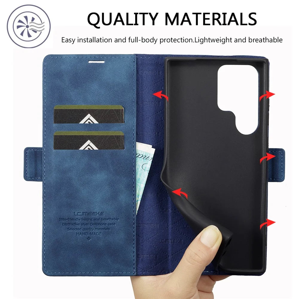 LC.IMEEKE For Samsung Galaxy S23 Ultra PU Leather Protective Phone Case Wallet Stand Magnetic Auto-absorbed Phone Cover - Blue - 6