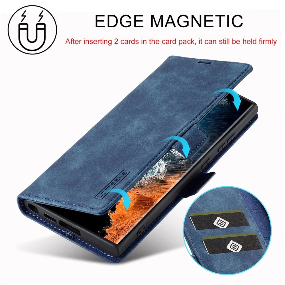 LC.IMEEKE For Samsung Galaxy S23 Ultra PU Leather Protective Phone Case Wallet Stand Magnetic Auto-absorbed Phone Cover - Blue - 7