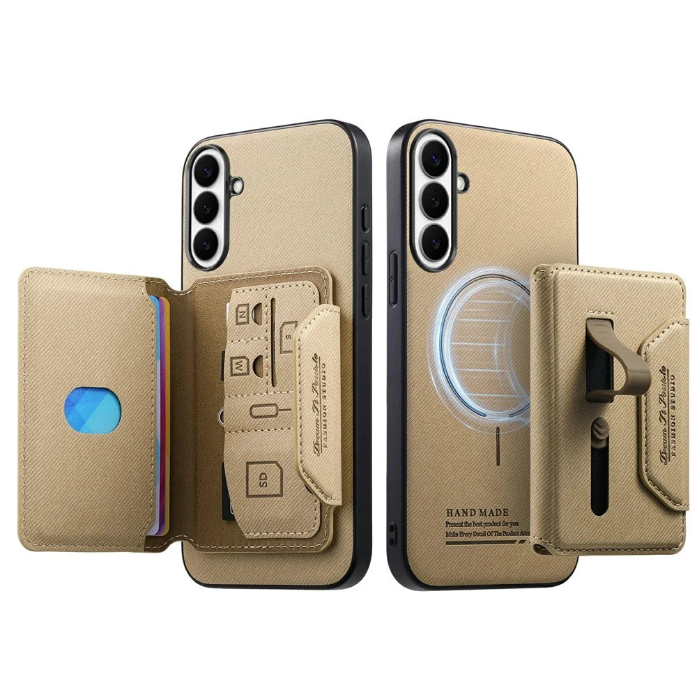 For Samsung Galaxy S26 FE Magnetic Case PU Leather + PC + TPU Anti-Scratch Back Cover with Detachable Card Holder - Khaki - 2