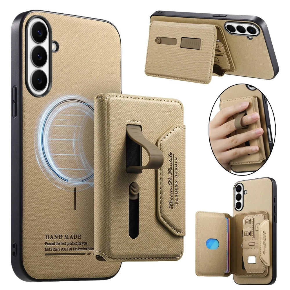 For Samsung Galaxy A37 5G Magnetic Case PU Leather + PC + TPU Anti-Scratch Back Cover with Detachable Card Holder - Khaki - 1