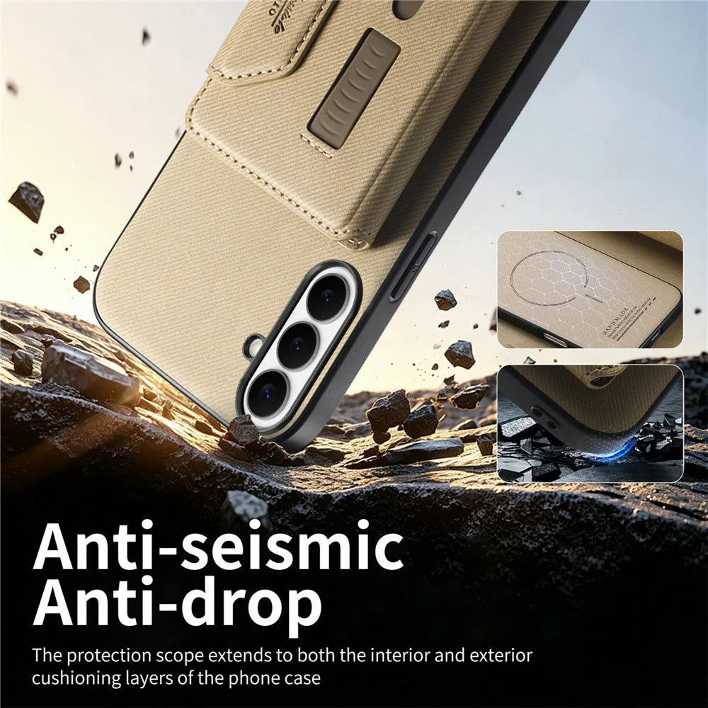 For Samsung Galaxy A37 5G Magnetic Case PU Leather + PC + TPU Anti-Scratch Back Cover with Detachable Card Holder - Khaki - 4