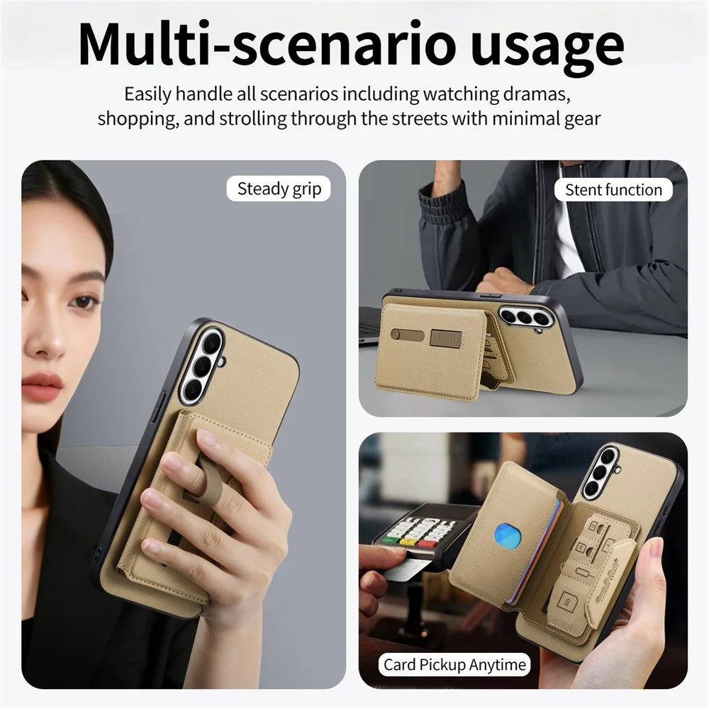 For Samsung Galaxy A37 5G Magnetic Case PU Leather + PC + TPU Anti-Scratch Back Cover with Detachable Card Holder - Khaki - 6
