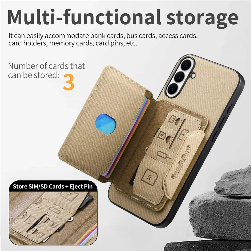 For Samsung Galaxy A57 5G Magnetic Case PU Leather + PC + TPU Anti-Scratch Back Cover with Detachable Card Holder - Khaki - 5