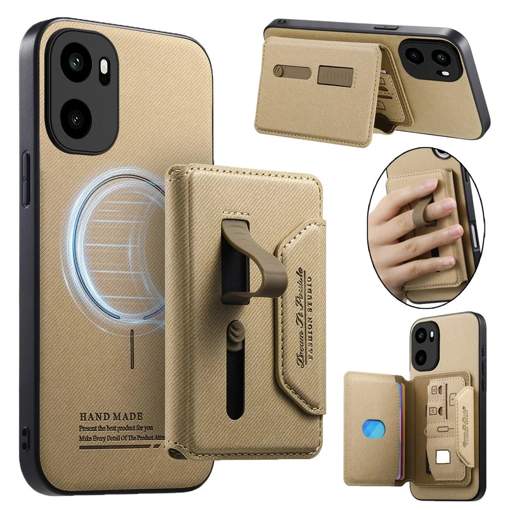 Magnetic Case For OnePlus Ace 6 5G / Ace 6T 5G / 15R 5G , PU Leather + PC + TPU Anti-Scratch Back Cover with Detachable Card Holder - Khaki - 1
