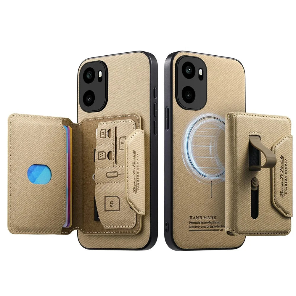 Magnetic Case For OnePlus Ace 6 5G / Ace 6T 5G / 15R 5G , PU Leather + PC + TPU Anti-Scratch Back Cover with Detachable Card Holder - Khaki - 2