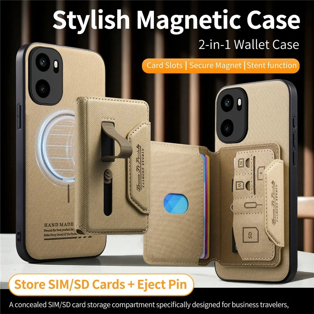 Magnetic Case For OnePlus Ace 6 5G / Ace 6T 5G / 15R 5G , PU Leather + PC + TPU Anti-Scratch Back Cover with Detachable Card Holder - Khaki - 3