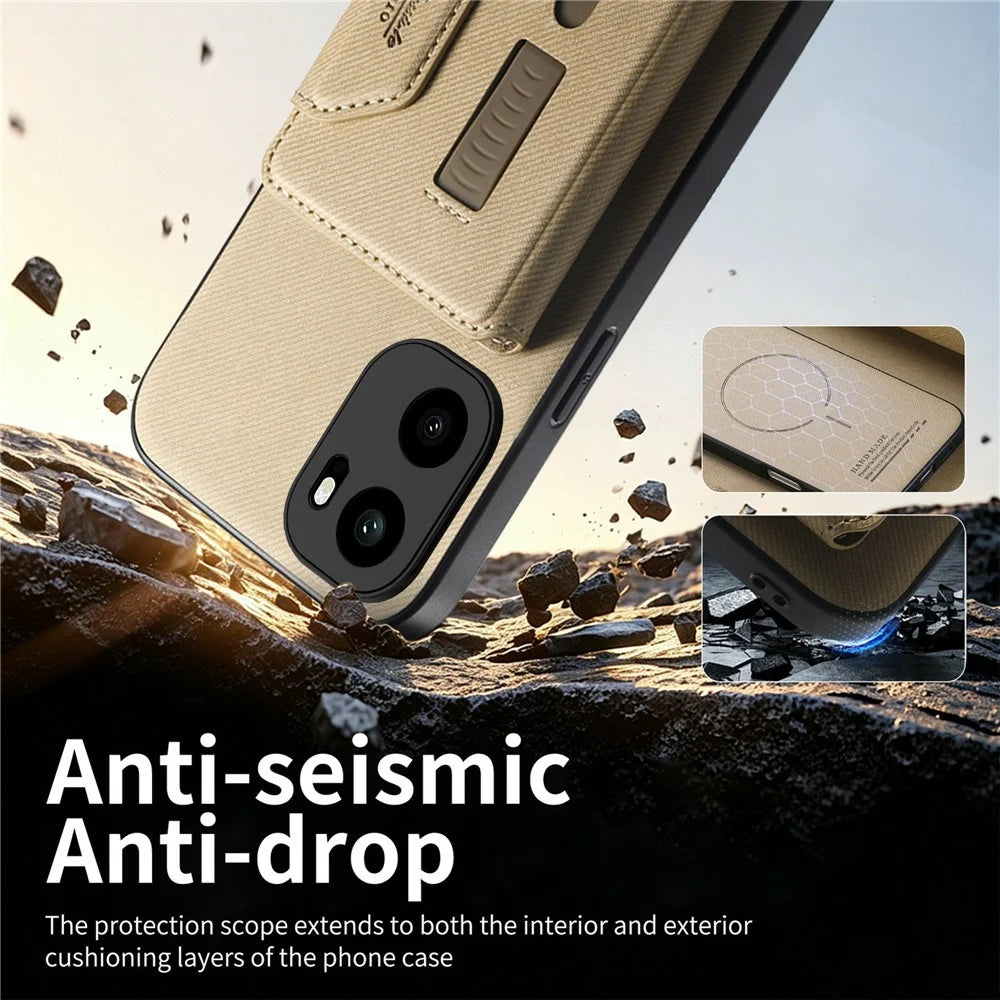 Magnetic Case For OnePlus Ace 6 5G / Ace 6T 5G / 15R 5G , PU Leather + PC + TPU Anti-Scratch Back Cover with Detachable Card Holder - Khaki - 4