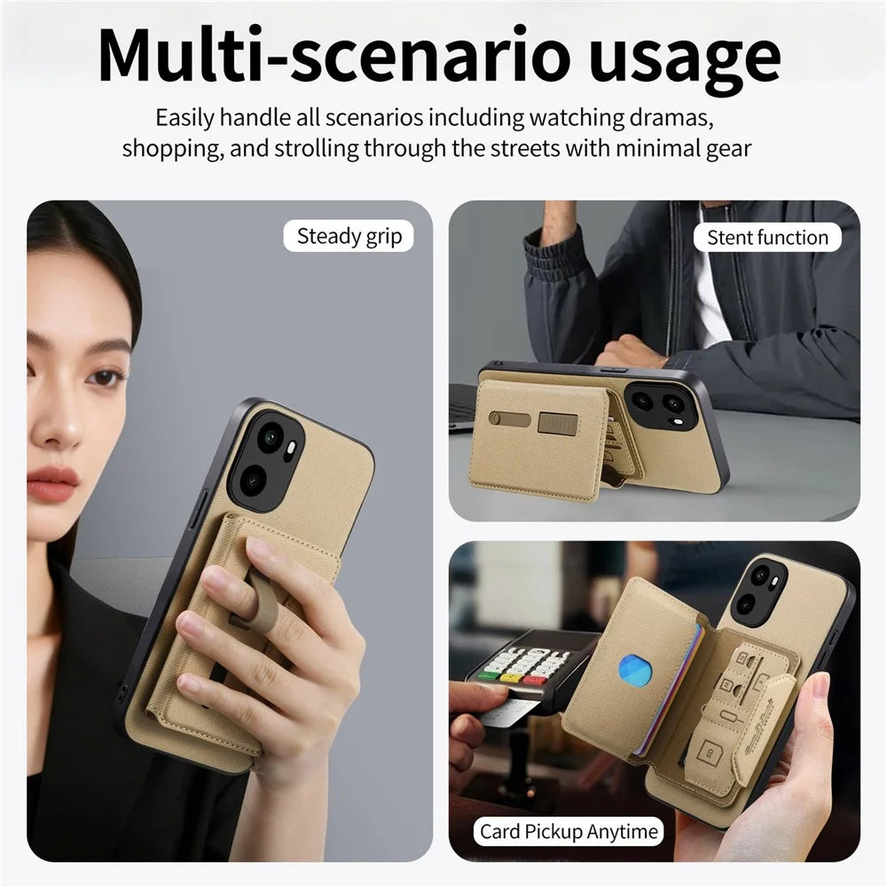 Magnetic Case For OnePlus Ace 6 5G / Ace 6T 5G / 15R 5G , PU Leather + PC + TPU Anti-Scratch Back Cover with Detachable Card Holder - Khaki - 6