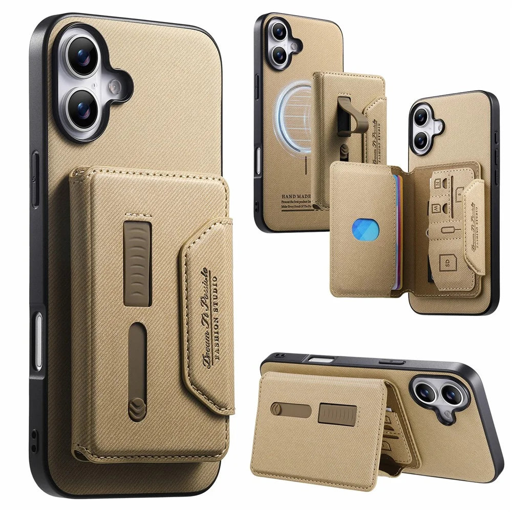 For iPhone 17 Magnetic Case PU Leather + PC + TPU Anti-Scratch Back Cover with Detachable Card Holder - Black - Khaki - 1