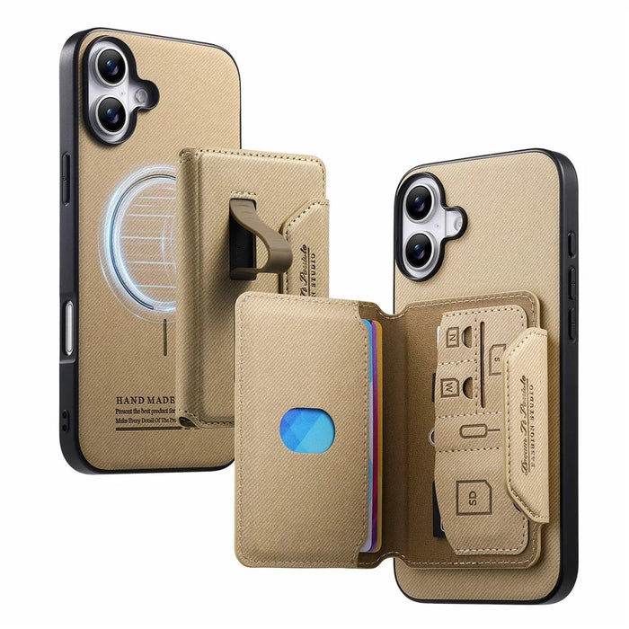 For iPhone 17 Magnetic Case PU Leather + PC + TPU Anti-Scratch Back Cover with Detachable Card Holder - Black - Khaki - 3