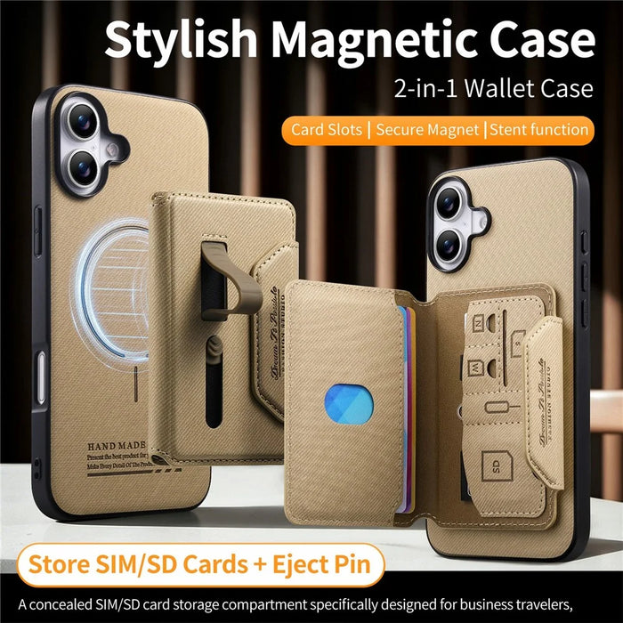 For iPhone 17 Magnetic Case PU Leather + PC + TPU Anti-Scratch Back Cover with Detachable Card Holder - Black - Khaki - 5
