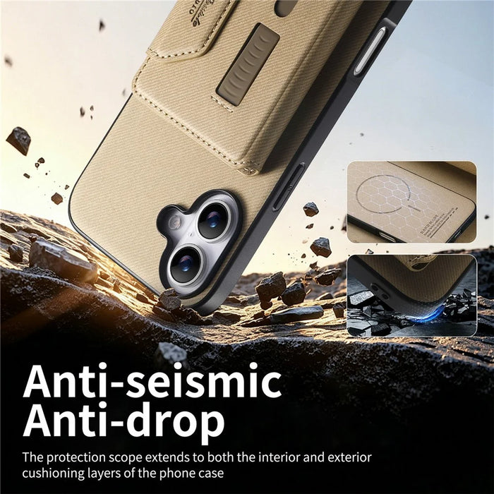 For iPhone 17 Magnetic Case PU Leather + PC + TPU Anti-Scratch Back Cover with Detachable Card Holder - Black - Khaki - 6