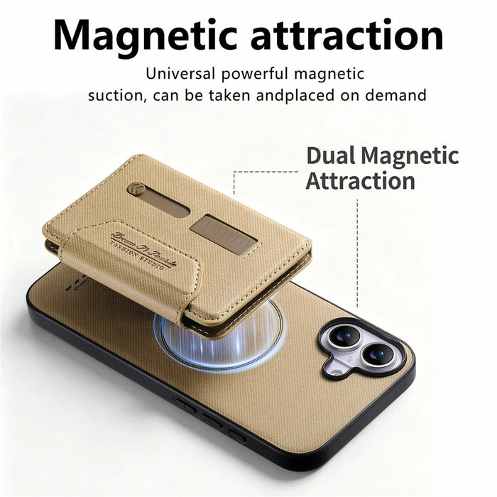 For iPhone 17 Magnetic Case PU Leather + PC + TPU Anti-Scratch Back Cover with Detachable Card Holder - Black - Khaki - 7