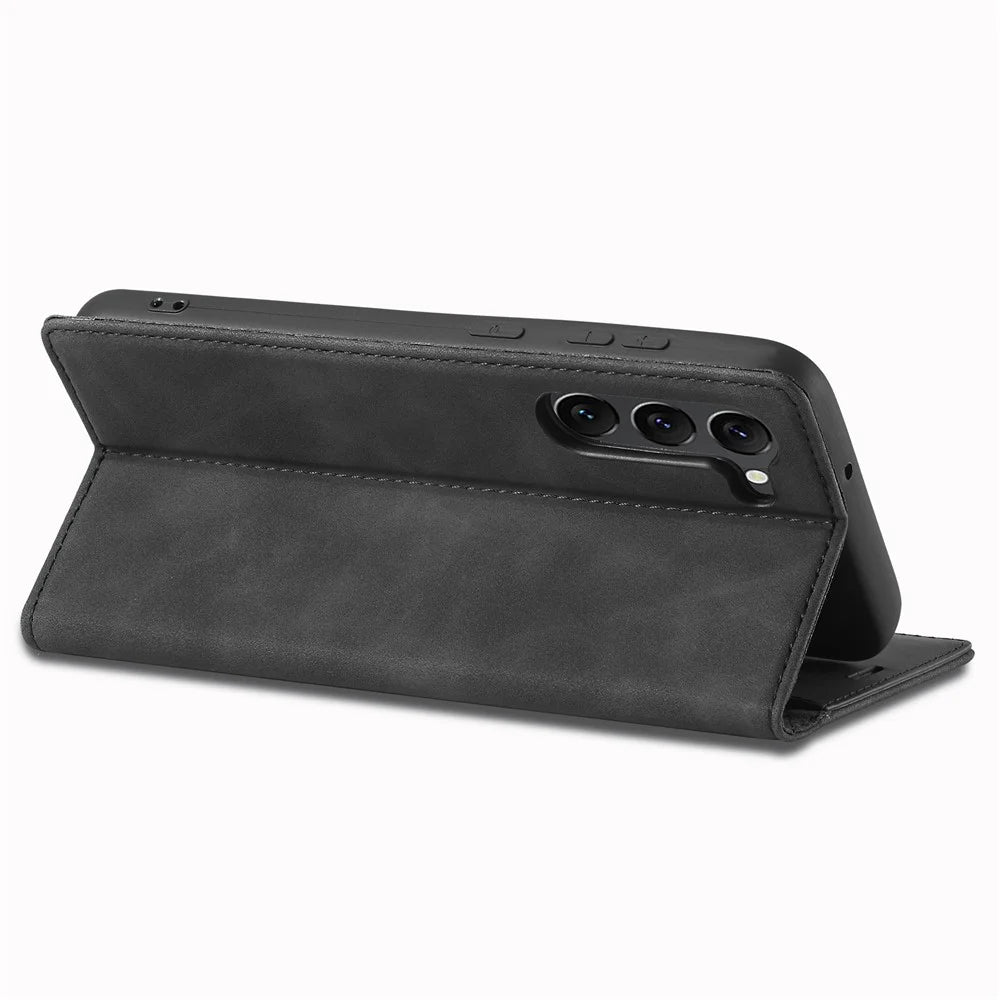 LC.IMEEKE For Samsung Galaxy S23 PU Leather Magnetic Auto-absorbed Stand Flip Wallet Cover Anti-scratch Phone Case - Black - 4