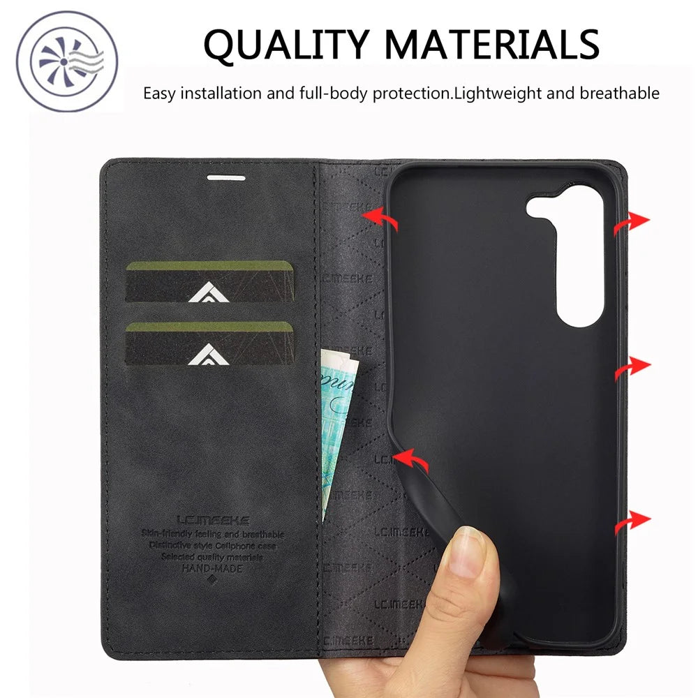 LC.IMEEKE For Samsung Galaxy S23 PU Leather Magnetic Auto-absorbed Stand Flip Wallet Cover Anti-scratch Phone Case - Black - 6