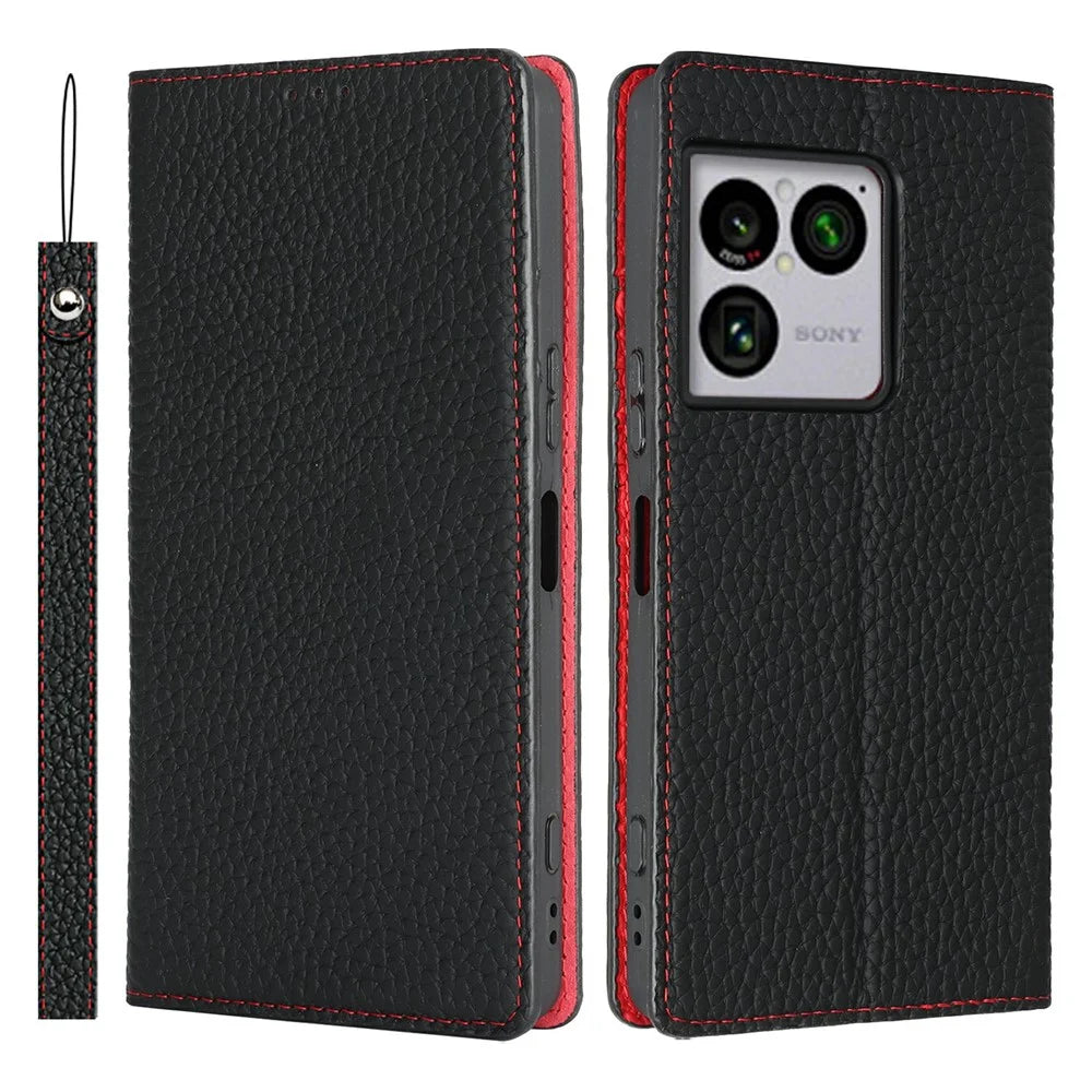 For Sony Xperia 1 VIII Wallet Case Genuine Cow Leather Phone Cover Litchi Texture - Black - 1