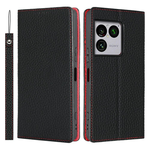 For Sony Xperia 1 VIII Wallet Case Genuine Cow Leather Phone Cover Litchi Texture - Black - 1