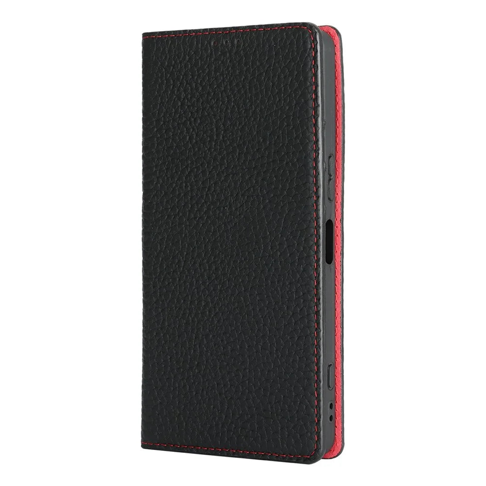 For Sony Xperia 1 VIII Wallet Case Genuine Cow Leather Phone Cover Litchi Texture - Black - 6