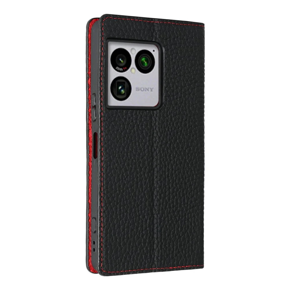 For Sony Xperia 1 VIII Wallet Case Genuine Cow Leather Phone Cover Litchi Texture - Black - 7