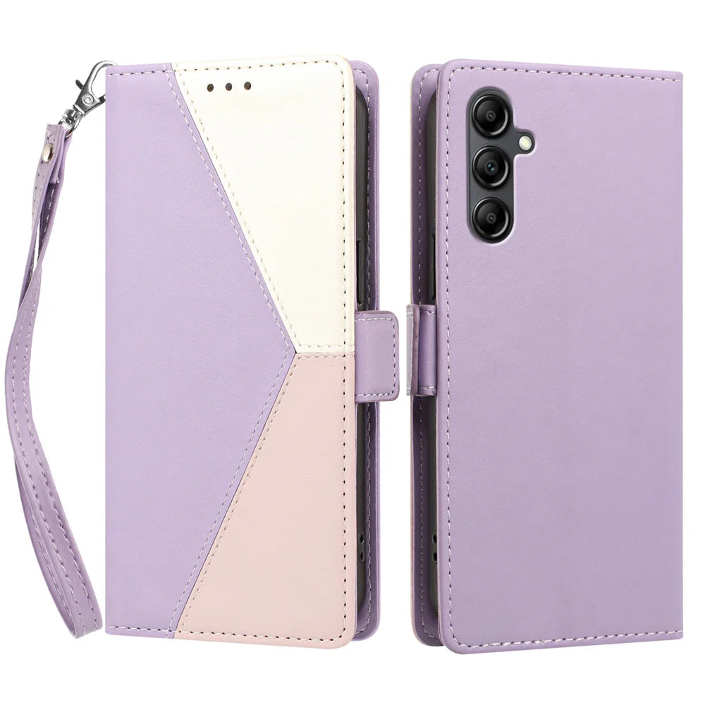 For Samsung Galaxy A15 4G / Galaxy A15 5G Case Color Stitching RFID Blocking Wallet Flip Leather Phone Cover with Wrist Strap - Light Purple - 1