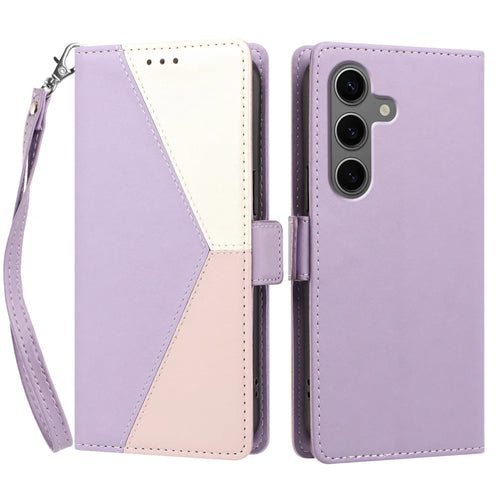 For Samsung Galaxy S26+ Case Color Stitching RFID Blocking Wallet Flip Leather Phone Cover with Wrist Strap - Light Purple - 1