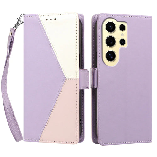 For Samsung Galaxy S24 Ultra Case Color Stitching RFID Blocking Wallet Flip Leather Phone Cover with Wrist Strap - Light Purple - 1